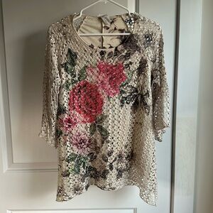 Brittany Black Lace Quarter Sleeve Blouse with Rose Pattern Size XL witchy goth
